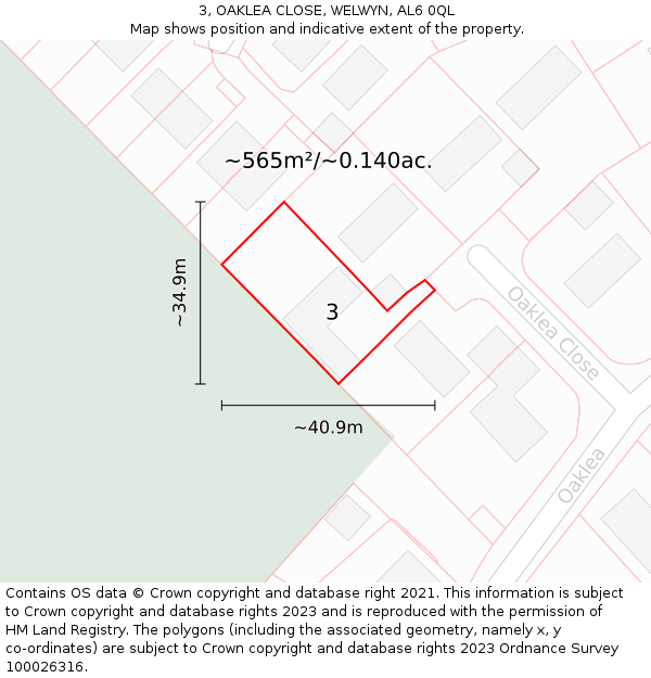 3, OAKLEA CLOSE, WELWYN, AL6 0QL: Plot and title map