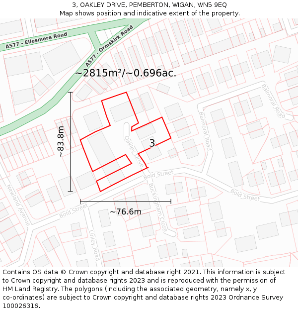 3, OAKLEY DRIVE, PEMBERTON, WIGAN, WN5 9EQ: Plot and title map