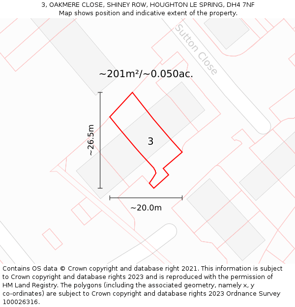 3, OAKMERE CLOSE, SHINEY ROW, HOUGHTON LE SPRING, DH4 7NF: Plot and title map