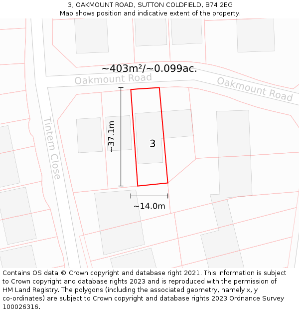 3, OAKMOUNT ROAD, SUTTON COLDFIELD, B74 2EG: Plot and title map