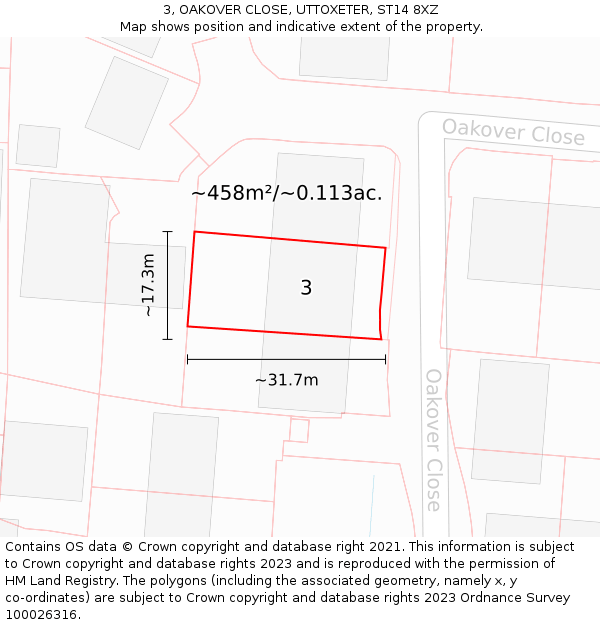 3, OAKOVER CLOSE, UTTOXETER, ST14 8XZ: Plot and title map