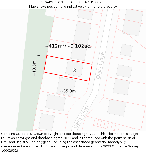 3, OAKS CLOSE, LEATHERHEAD, KT22 7SH: Plot and title map