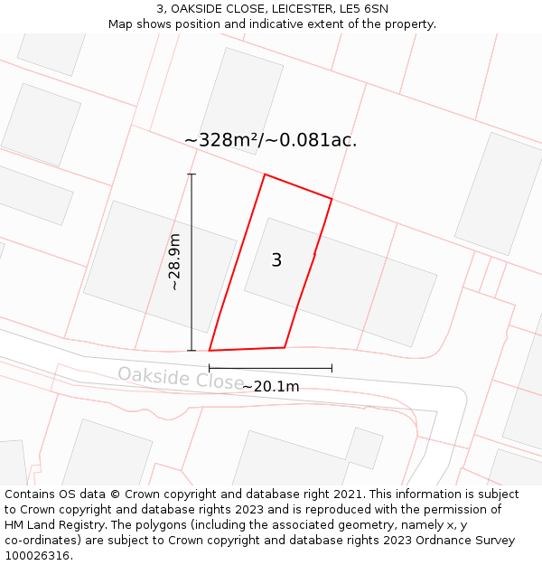 3, OAKSIDE CLOSE, LEICESTER, LE5 6SN: Plot and title map