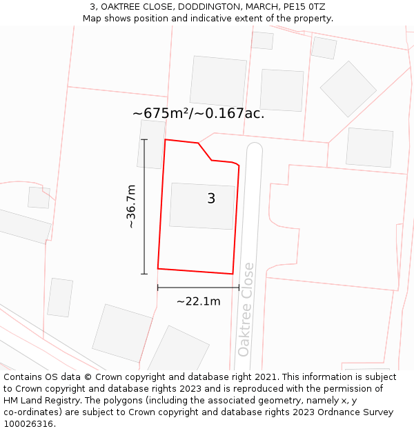 3, OAKTREE CLOSE, DODDINGTON, MARCH, PE15 0TZ: Plot and title map