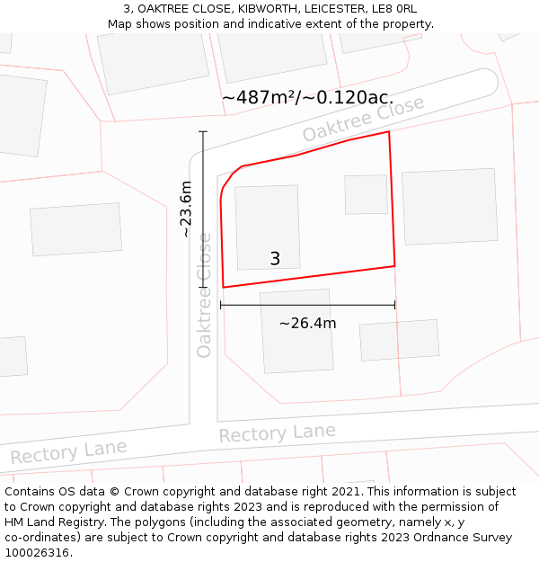 3, OAKTREE CLOSE, KIBWORTH, LEICESTER, LE8 0RL: Plot and title map
