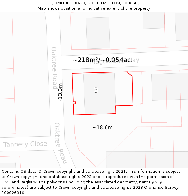 3, OAKTREE ROAD, SOUTH MOLTON, EX36 4FJ: Plot and title map