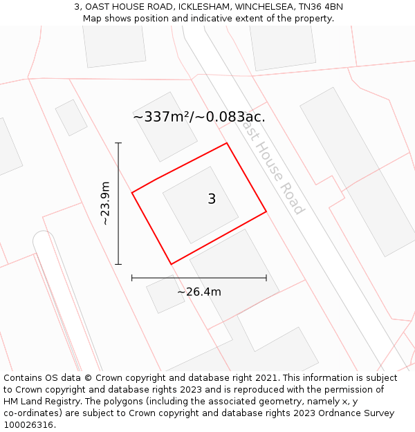 3, OAST HOUSE ROAD, ICKLESHAM, WINCHELSEA, TN36 4BN: Plot and title map