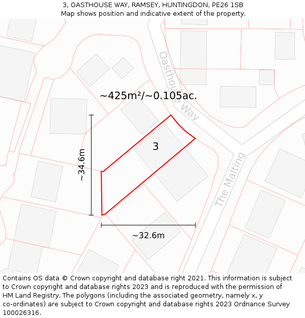 3, OASTHOUSE WAY, RAMSEY, HUNTINGDON, PE26 1SB: Plot and title map