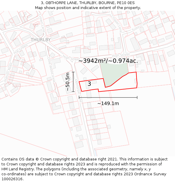 3, OBTHORPE LANE, THURLBY, BOURNE, PE10 0ES: Plot and title map