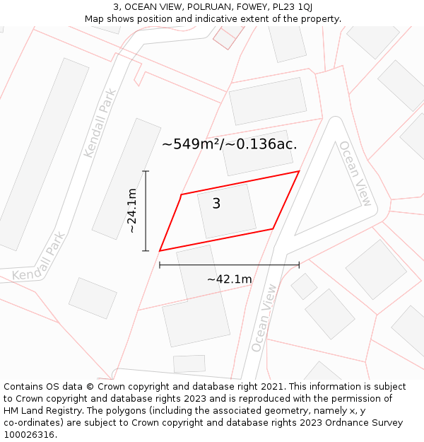 3, OCEAN VIEW, POLRUAN, FOWEY, PL23 1QJ: Plot and title map