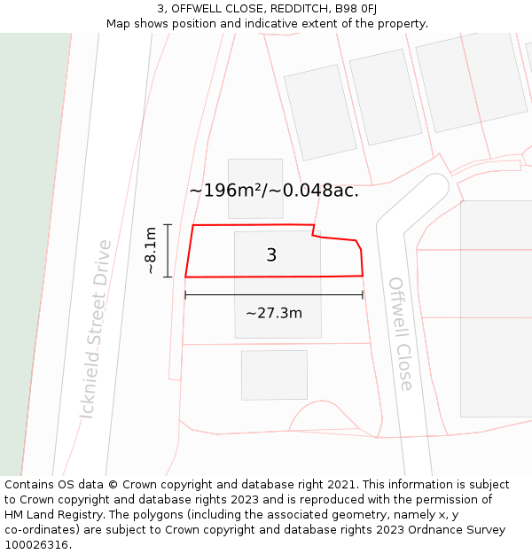 3, OFFWELL CLOSE, REDDITCH, B98 0FJ: Plot and title map