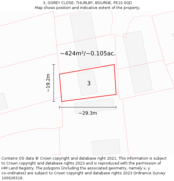 3, OGREY CLOSE, THURLBY, BOURNE, PE10 0QD: Plot and title map