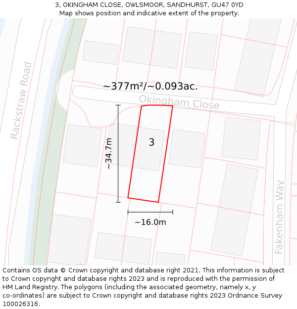 3, OKINGHAM CLOSE, OWLSMOOR, SANDHURST, GU47 0YD: Plot and title map