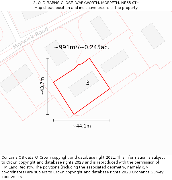 3, OLD BARNS CLOSE, WARKWORTH, MORPETH, NE65 0TH: Plot and title map