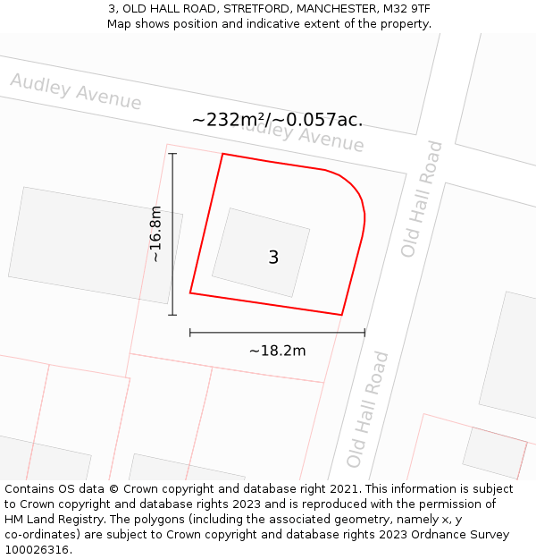 3, OLD HALL ROAD, STRETFORD, MANCHESTER, M32 9TF: Plot and title map