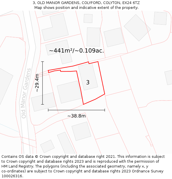 3, OLD MANOR GARDENS, COLYFORD, COLYTON, EX24 6TZ: Plot and title map