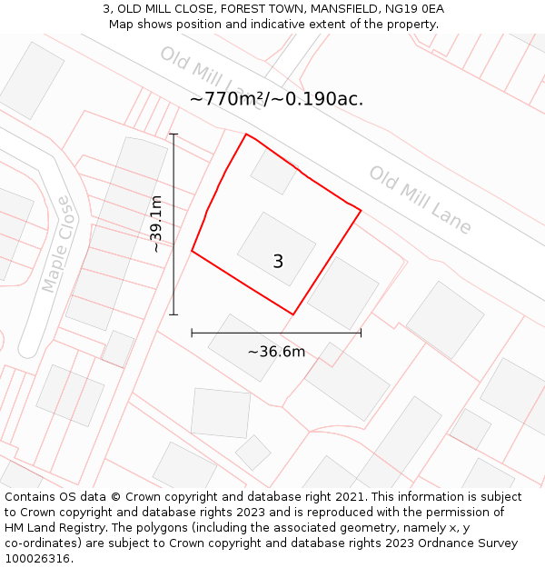 3, OLD MILL CLOSE, FOREST TOWN, MANSFIELD, NG19 0EA: Plot and title map