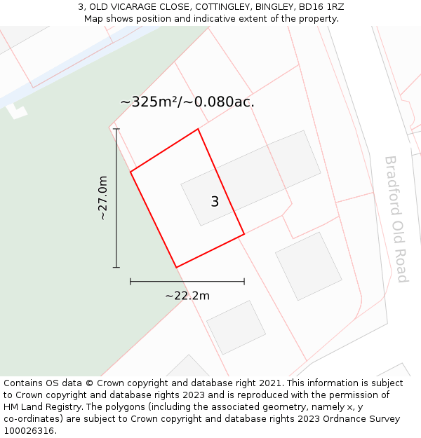 3, OLD VICARAGE CLOSE, COTTINGLEY, BINGLEY, BD16 1RZ: Plot and title map