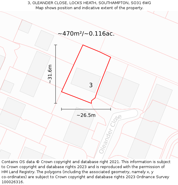 3, OLEANDER CLOSE, LOCKS HEATH, SOUTHAMPTON, SO31 6WG: Plot and title map
