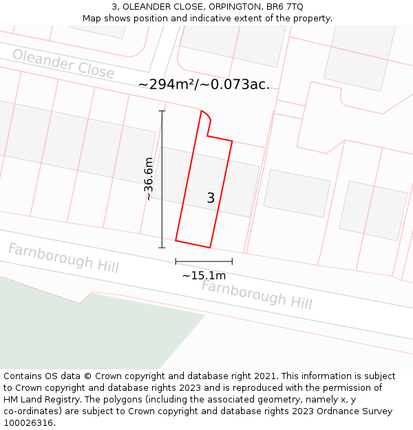 3, OLEANDER CLOSE, ORPINGTON, BR6 7TQ: Plot and title map