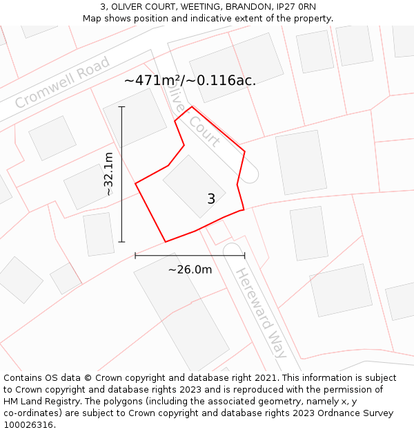 3, OLIVER COURT, WEETING, BRANDON, IP27 0RN: Plot and title map