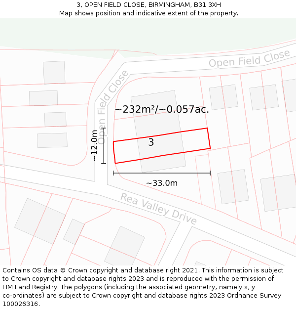 3, OPEN FIELD CLOSE, BIRMINGHAM, B31 3XH: Plot and title map