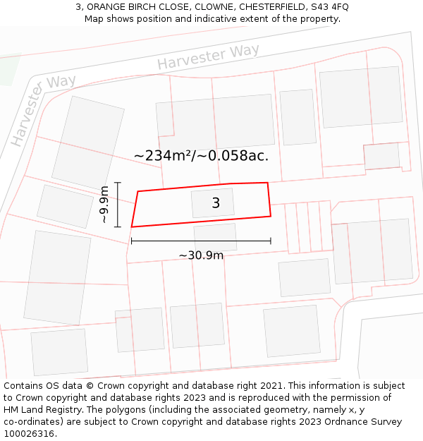 3, ORANGE BIRCH CLOSE, CLOWNE, CHESTERFIELD, S43 4FQ: Plot and title map