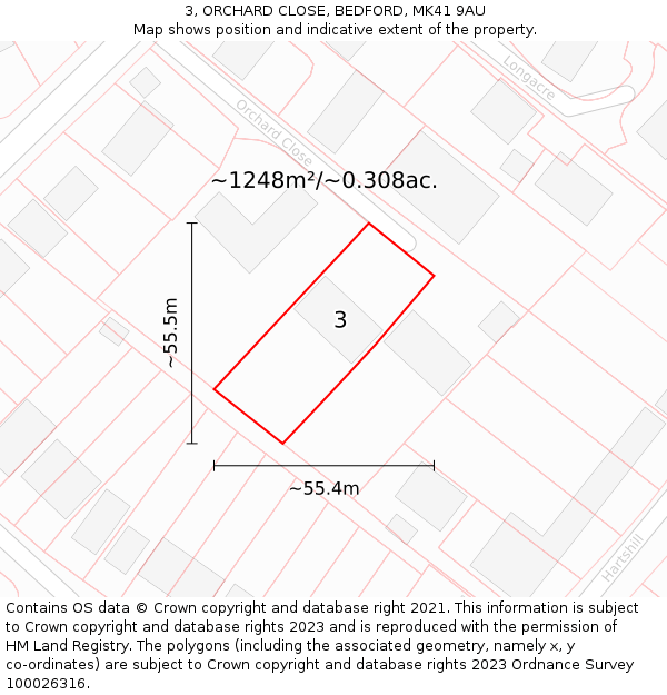 3, ORCHARD CLOSE, BEDFORD, MK41 9AU: Plot and title map
