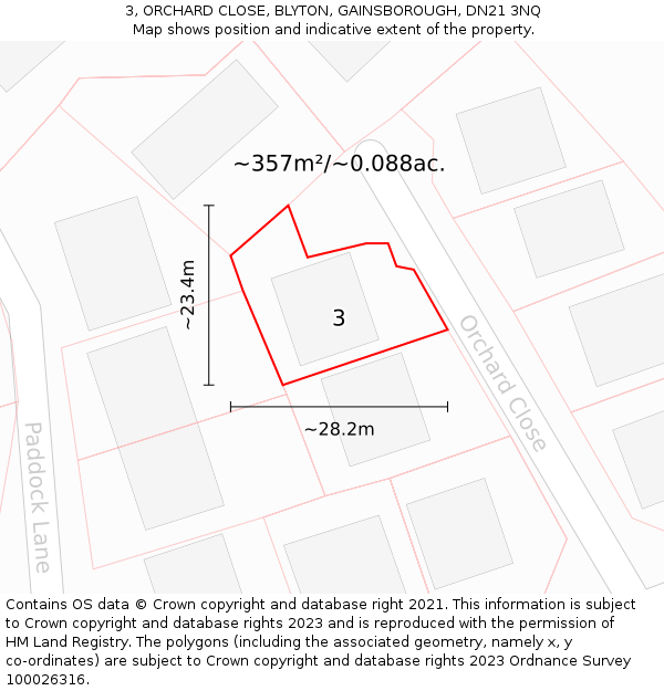 3, ORCHARD CLOSE, BLYTON, GAINSBOROUGH, DN21 3NQ: Plot and title map