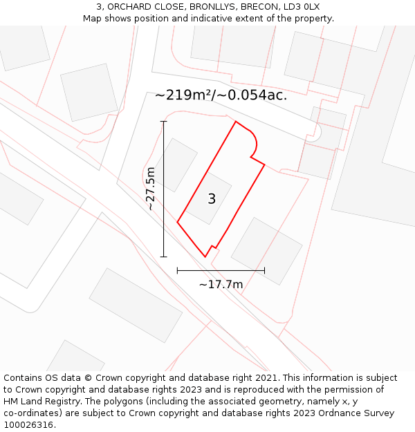 3, ORCHARD CLOSE, BRONLLYS, BRECON, LD3 0LX: Plot and title map
