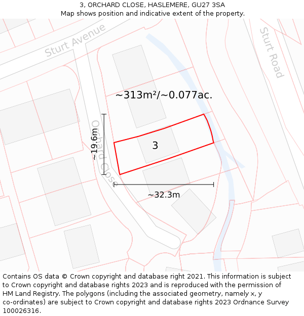 3, ORCHARD CLOSE, HASLEMERE, GU27 3SA: Plot and title map