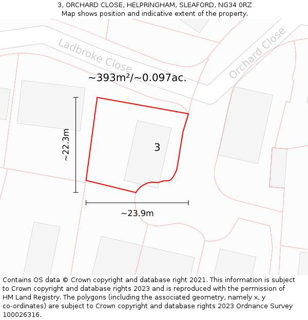 3, ORCHARD CLOSE, HELPRINGHAM, SLEAFORD, NG34 0RZ: Plot and title map
