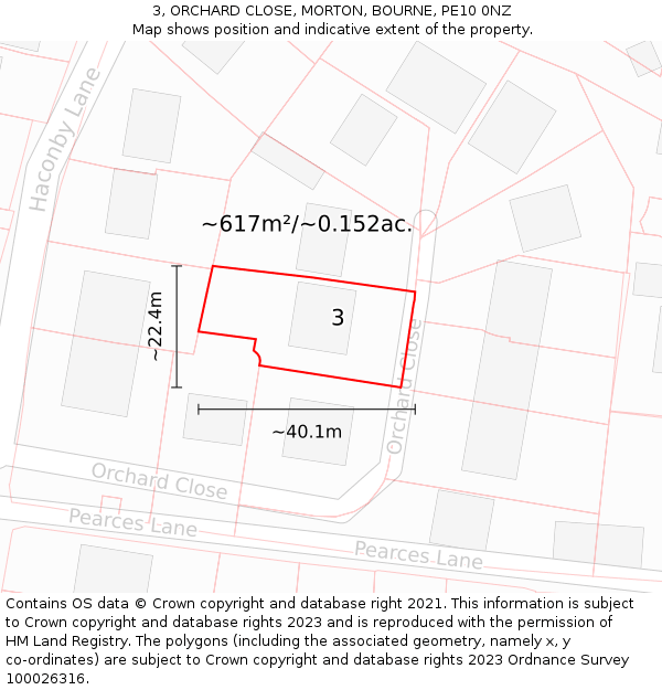 3, ORCHARD CLOSE, MORTON, BOURNE, PE10 0NZ: Plot and title map