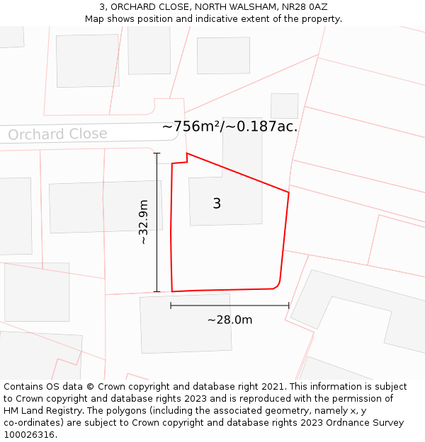 3, ORCHARD CLOSE, NORTH WALSHAM, NR28 0AZ: Plot and title map