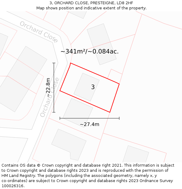 3, ORCHARD CLOSE, PRESTEIGNE, LD8 2HF: Plot and title map