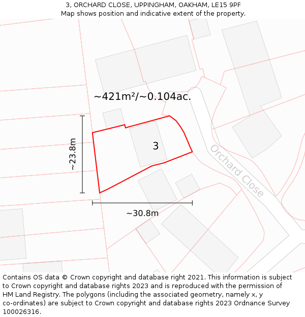 3, ORCHARD CLOSE, UPPINGHAM, OAKHAM, LE15 9PF: Plot and title map