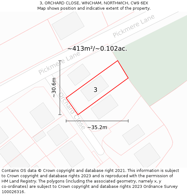 3, ORCHARD CLOSE, WINCHAM, NORTHWICH, CW9 6EX: Plot and title map