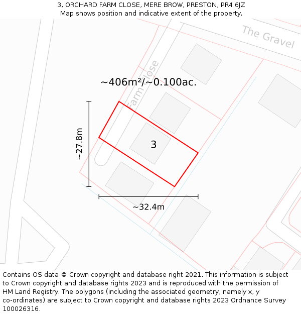3, ORCHARD FARM CLOSE, MERE BROW, PRESTON, PR4 6JZ: Plot and title map