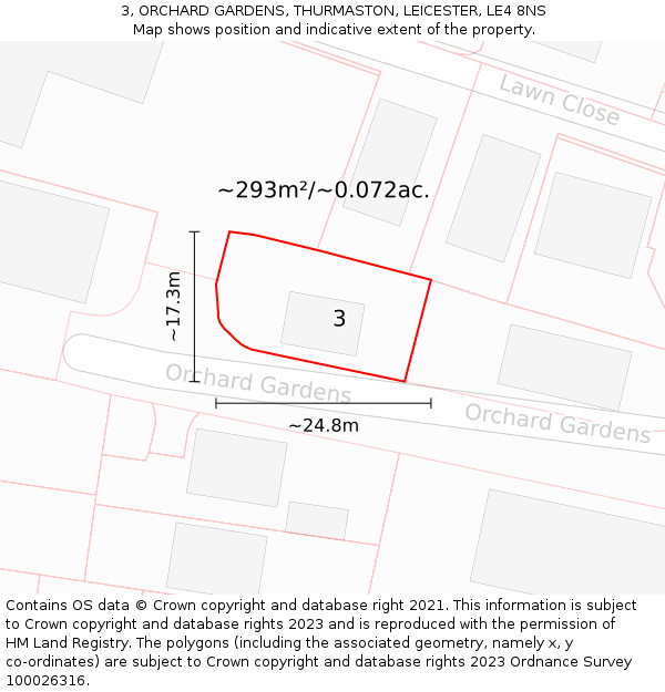3, ORCHARD GARDENS, THURMASTON, LEICESTER, LE4 8NS: Plot and title map