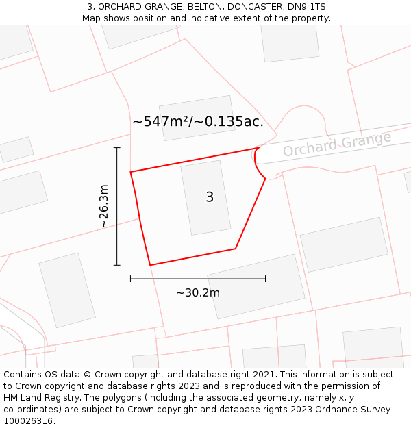 3, ORCHARD GRANGE, BELTON, DONCASTER, DN9 1TS: Plot and title map