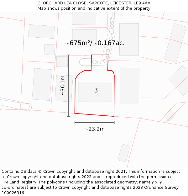 3, ORCHARD LEA CLOSE, SAPCOTE, LEICESTER, LE9 4AA: Plot and title map