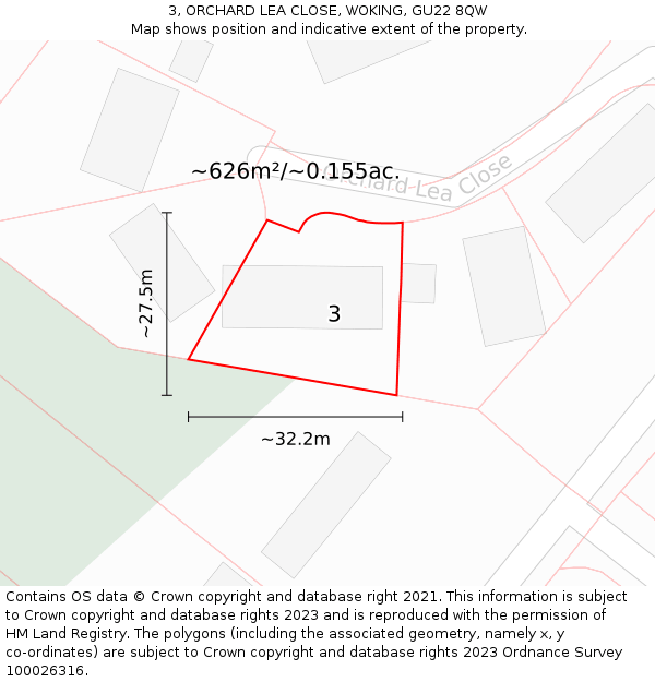 3, ORCHARD LEA CLOSE, WOKING, GU22 8QW: Plot and title map