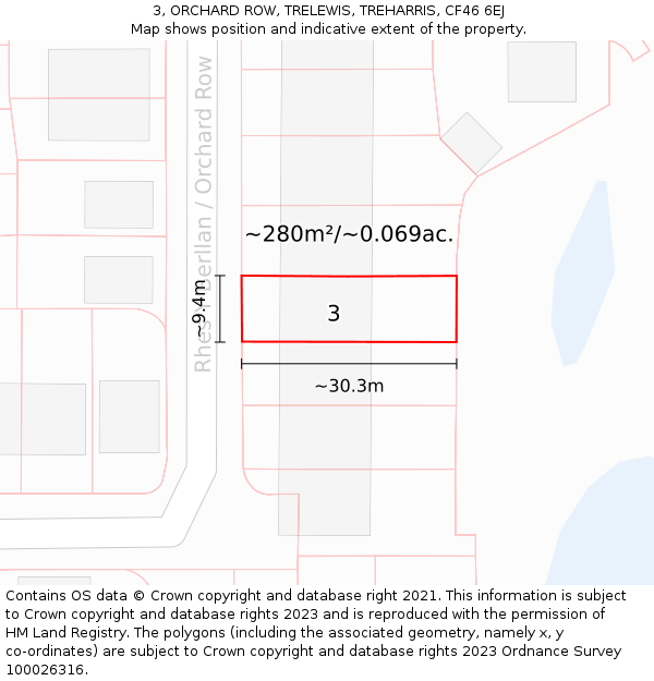 3, ORCHARD ROW, TRELEWIS, TREHARRIS, CF46 6EJ: Plot and title map