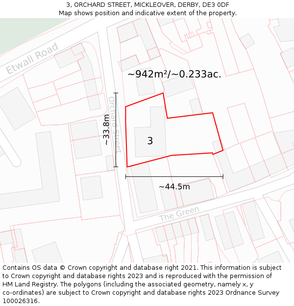 3, ORCHARD STREET, MICKLEOVER, DERBY, DE3 0DF: Plot and title map