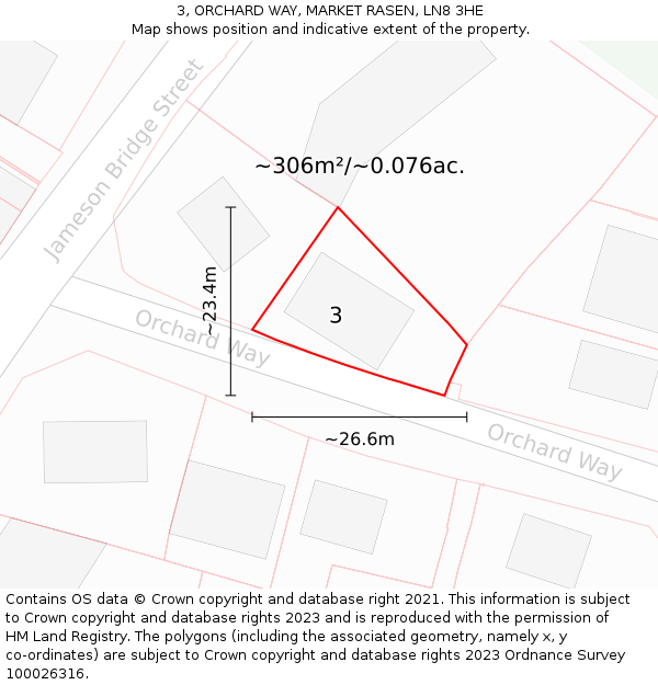 3, ORCHARD WAY, MARKET RASEN, LN8 3HE: Plot and title map