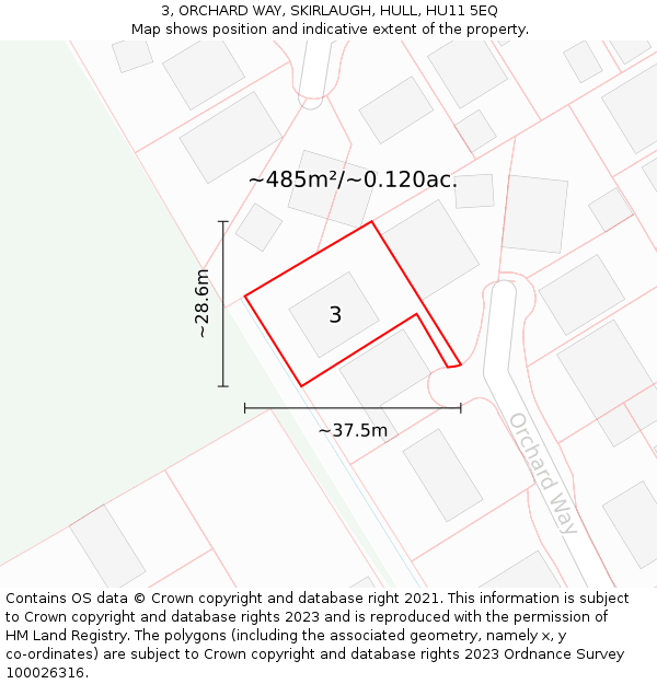 3, ORCHARD WAY, SKIRLAUGH, HULL, HU11 5EQ: Plot and title map