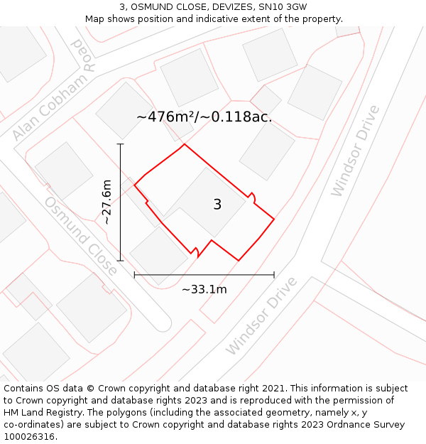 3, OSMUND CLOSE, DEVIZES, SN10 3GW: Plot and title map