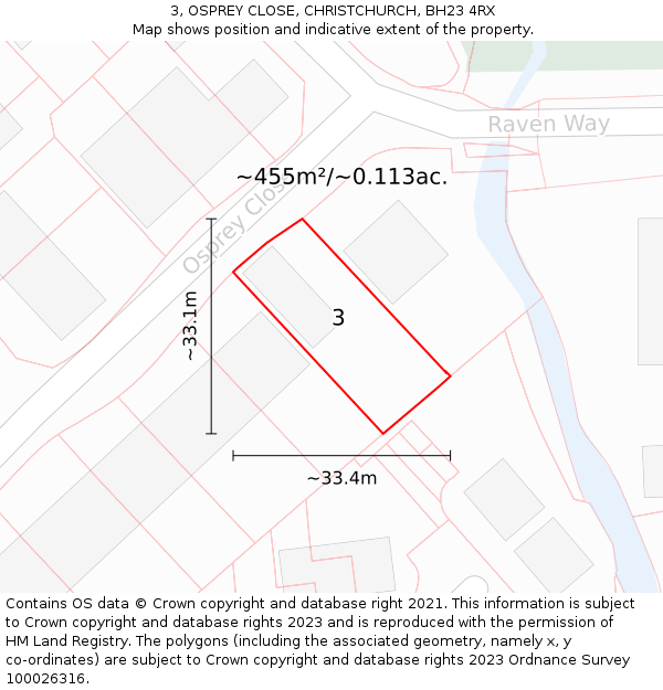 3, OSPREY CLOSE, CHRISTCHURCH, BH23 4RX: Plot and title map