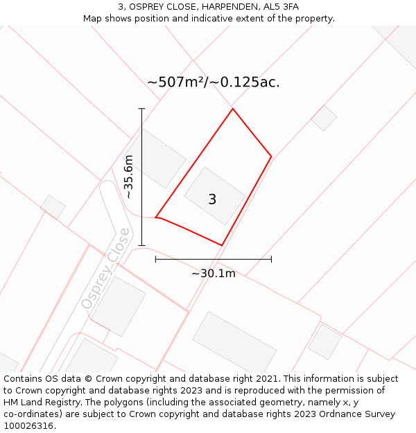 3, OSPREY CLOSE, HARPENDEN, AL5 3FA: Plot and title map