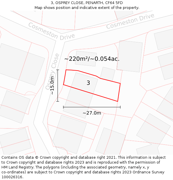 3, OSPREY CLOSE, PENARTH, CF64 5FD: Plot and title map